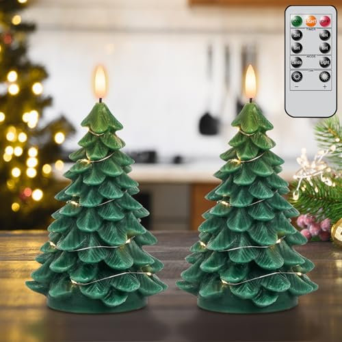 Eldnacele Lot de 2 bougies de sapin de Noël avec télécommande et minuteur - Guirlandes LED sans flamme avec flamme 3D vacillante - Bougies LED à piles pour Noël