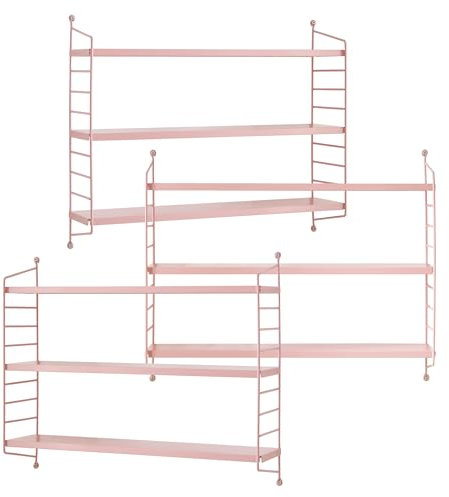 [en.casa] Set di 3 Scaffali da Parete Scaffali Pensili a 3 Ripiani Regolabili in Altezza Mensole da Muro in Acciaio 50 x 60 x 15 cm - Rosa