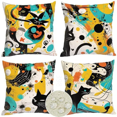 Outdoor Kissen 4er Set, wasserdichte Kissenbezug 45x45 Leinen Farbe Muster Kissenbezüge Katze Kissenhülle Sofakissen Outdoorkissen Couch Kissen Zierkissen fur Garten Wohnzimme Boho Deko Kissen W9-398