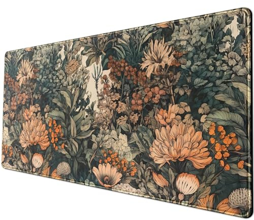 Flower Vintage Desk Pad Aesthetic Desk Mat Flower Mouse Pad Computer Big Mousepad Non-Slip Base Gaming Keyboard Giant Mouse Pad Computer Mat for Laptop Office with Stitched Eges 31.5x11.8 in