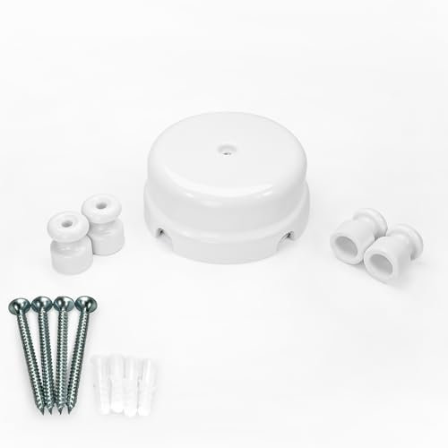 QuirkLz Caja de derivación de porcelana, juego de caja de derivación para instalación con cable textil, con 4 aisladores cerámicos, color negro brillante, diámetro 78 mm (Blanco, 1 pieza)