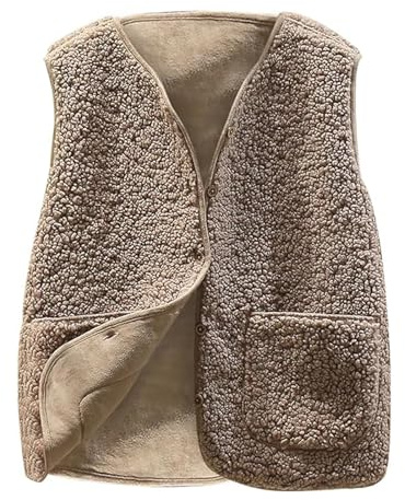 Vinuwu Weste Damen Ärmellose Fleeceweste Damen Einfarbig V-Ausschnitt Knöpfen Teddy Weste Damen Fell Weste Kurz Plüschweste Damen Weste (DE/NL/SE/PL, Alphanumerisch, XXL, Regular, Regular, Khaki)