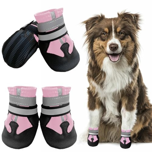 Muecleao Dog Shoes, Paw Protection, Pack of 4 Waterproof Non-Slip Dog Boots with Non-Slip Sole and Reflective Fastening, Dog Shoes for Small, Medium and Large Dogs (Pink, M)