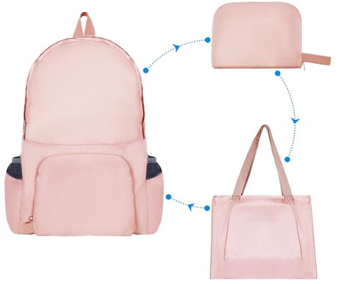 Prizmxed Faltbarer Rucksack Ultraleicht, 25L Verformbar, drei-in-eins, Faltrucksack, Leichte Wasserdichte Handtasche/Schultasche, Foldable Backpack, Unverzichtbar für Reisen und Einkaufen (Rosa)
