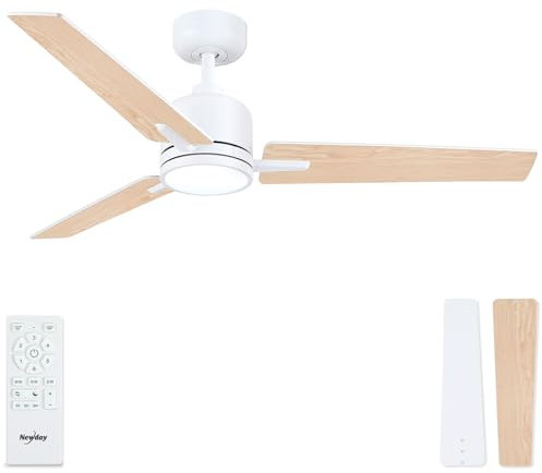 Newday 48 inch White Ceiling Fan with Lights and Remote Control, Quiet Ceiling Fan with Stepless Dimmable LED, Reversible DC Motor, 6 Speeds, 3 Timer, Memory Function for Bedroom Living Room Terrace