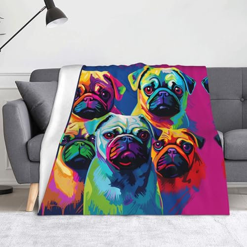 WZYWHJ Flanelldecke mit mehreren Hunden, Pop-Art-Motiv Mops, weiche und strapazierfähige Winterdecke für Zuhause und Reisen