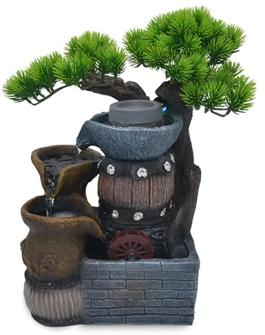 14.5-Inch Tabletop Water Fountain with Bonsai Tree, 3 Cascading Pots, Elegant 3-Tier Rock Garden, Serene Meditation Gift with Waterfall Sounds for Home/Office