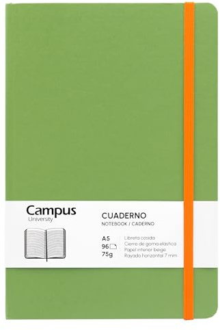 Campus - Carnet de Notes A5, Bullet Journal Feuilles Lignes, Carnet Vert Couverture Rigide, 96 Feuilles 75g, Fermeture Élastique, Pochette et Marque-Page (A5, Lignes Horizontales, Vert)