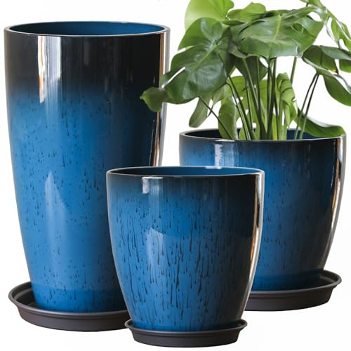 SE SUN-E Macetas Grandes de plástico con Bandeja 28+30+53cm H Juego de 3 para Uso Interior Exterior Ligero, macetas Decorativas para Plantas Altas de jardín/Patio/Porche Delantero Color Azul Redondo
