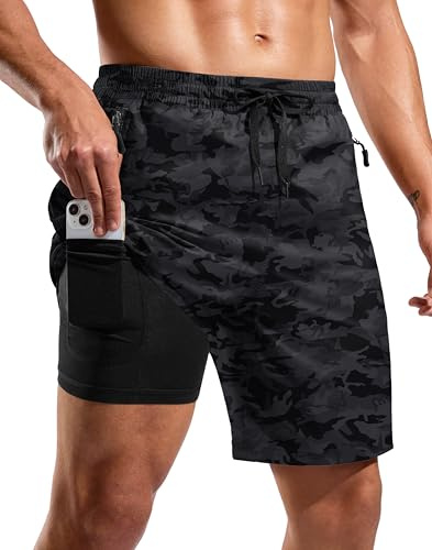 G Gradual Mens Swim Trunks with Compression Liner 7 Board Shorts Grey Camo | Quick Dry, Lightweight, UPF 50+ with Zipper Pockets Swimsuit, Bathing Suit, Beach Shorts for Men