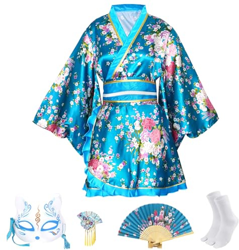 CRFASIBE 5 Piezas Kimono Mujer Corto con Estampado Floral, Inspirado en el Yukata Japonés con Accesorios, Conjunto Completo para Cosplay, Fiesta, Carnaval(Estilo B-Azul)