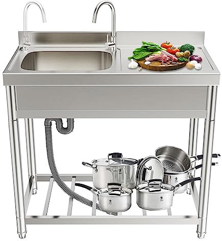 LAVELLO DA CUCINA Lavello per ristorante commerciale, lavello multiuso a vasca singola da esterno in acciaio inossidabile con banco da lavoro per rubinetto, ristorante, lavanderia