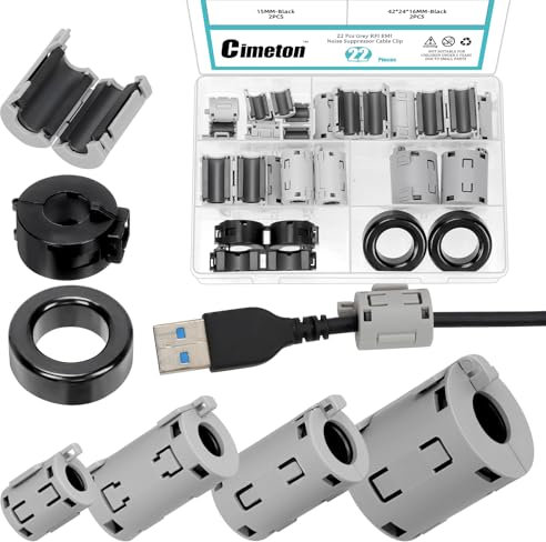 Cimeton 22-teiliges Sortiment mit 4 Größen Grauer Clip-On-Ferritringkerne mit Toroidkern-Sortiment RFI-EMI-Entstörfilter-Kabelclip für Kabel mit 7 mm/9 mm/11 mm/13 mm Durchmesser HDMI-USB-Kabel