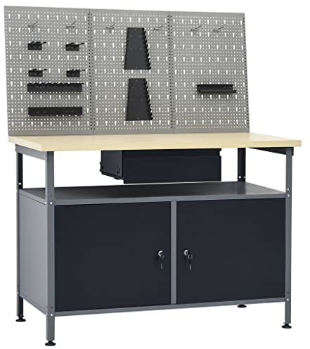 Werkbank mit 3 Werkzeugwänden und Schublade, Arbeitstisch, 300 kg Tragkraft, Hobelbank, Montagetisch für Garage, Werkstatt und Schuppen, 120 x 60 x 85 cm