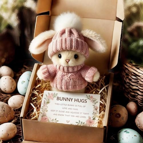 XUDUOO Mini Bunny Hug Cute Easter Gift, Oster Plüschhase Mini Kuscheltier mit Strickmütze & Bommel, Geschenkidee fürs Osternest, Positive Plüschtiere Osterhasen für Frauen Männer(C)