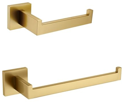 Eovem 2 pcs Bathroom Accessories Set, Brushed Gold Towel Rail Towel Rack, Toilet Paper Holder, Wall Mounted SUS 304 Stainless Steel Square