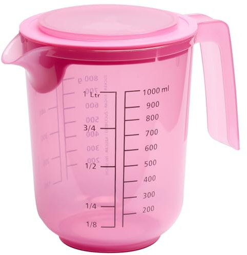 APS 30073 - Vaso mezclador con tapa - vaso medidor con escalas medidoras para líquidos (l/ml), azúcar (g) y harina (g) / volumen 1 litro/Ø 12,5 cm/altura 16 cm/apto para lavavajillas, rosa