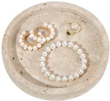 nbeads Natürliche Travertin Tablett, 15cm Runder Marmor-Schmuckteller Stein Desktop Organizer für Schlüssel Ohrring Nachttisch Home Decor und Schmuck Display, Beige