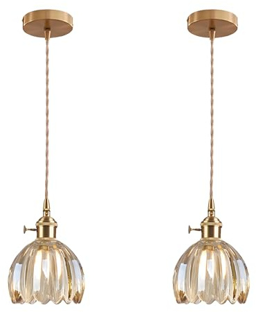 EKSED Lámpara Colgante Vintage de Vidrio con Casquillo E27 y Interruptor Giratorio, Pantalla con Forma de Pétalo para Cocina, Comedor o Dormitorio (ámbar, 2 unidades)