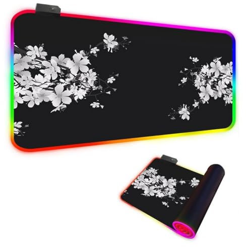 FANSU Japonais Style XXL Tapis de Souris Gaming RGB LED 14 Effets Éclairage Antidérapante Grand sous Main Bureau pour Clavier et Souris, USB- Mouse Pad pour PC Gamer (Noir,600x300x4mm)
