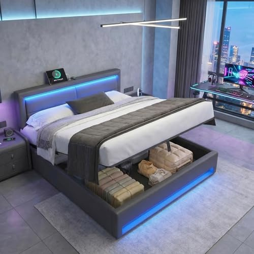 RIAZOS Polsterbett 140x200 cm mit Bettkasten, Doppelbett mit Hydraulische Lagerung, Stauraumbett mit LED, USB-Anschluss, Bettgestell mit Lattenrost, Jugendbett, Grau, Kunstleder, ohne Matratze