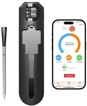 Mini Fleischthermometer Kabelloses, LCD Grillthermometer IP67, Bratenthermometer Digital mit App, Deutsch Bluetooth Küchenthermometer für BBQ Backofen Smoker Airfryer Ofen