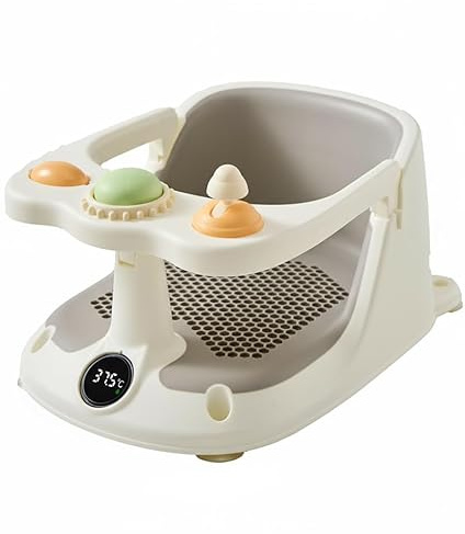 Baby Bath Seat with Thermostat for Babies 4-18 Months，Non-Slip Baby Bath Chair with Toys，Gery