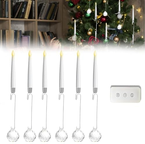 6PCS Christmas Tree LED Candle with Clear Crystal Ball Hanger, Flameless Flickering LED Taper Candles with Remote Control & 3 Lighting Modes, Fake Candles for Christmas Tree Home Party Decors (B)