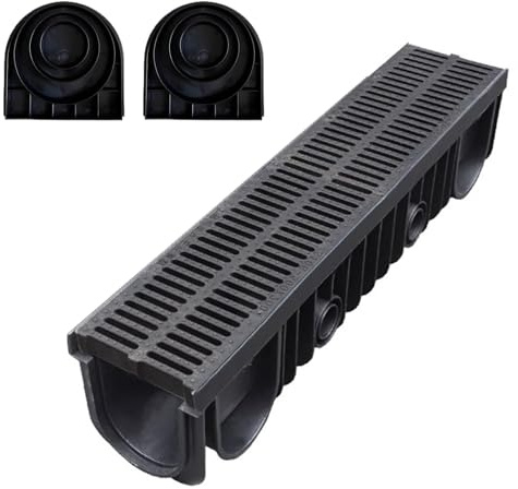 Kit di drenaggio per Canale Nero con griglia in plastica, Copertura per Canale di drenaggio Larga 6/7,8/9,8/12 Pollici con 2 Tappi terminali a U, griglia per grondaia Resistente (100 cm x 30