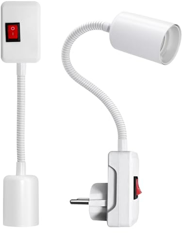 2er Set E27 lampenfassung mit schalter EU-Stecker, 360° Drehbarer lampenfassung, schwanenhals fassung fur wandlampe, leselampe(Weiß, Glühbirne nicht im Lieferumfang enthalten)