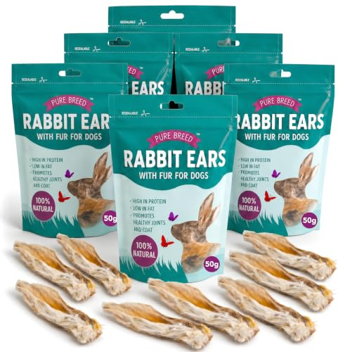 Pure Breed 300g Rabbit Ears With Fur For Dogs - Natural Dog Treats 6pk | Natural Dog Treats For Large Dogs, Single Ingredient Rabbit Ears, Grain Free Dog Chews With Fur For Digestive Support