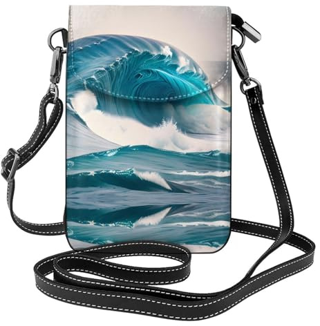 Cartera pequeña cruzada para teléfono con diseño de olas de mar azul de dibujos animados con tapa abatible, perfecta para ir de compras, viajes y uso diario.