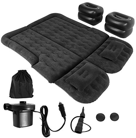 BAFOVY Aufblasbar Verdickte Auto -Luftbett, SUV -Luftmatratze Campingbettkissen Kissen, Tragbares Schlafkissen für Reisecamping mit Elektrischer Luftpumpe, Flussoberfläche. Aus Strömt (Black)