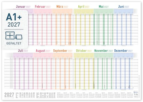 Häfft® XXL Urlaubsplaner 2027 Mitarbeiter A1 + quer Rainbow | Für 20 Personen, Team-Urlaubsplaner Wandkalender (89 x 63 cm groß) dickes Papier 140 g/m² - Personalplaner Jahresübersicht