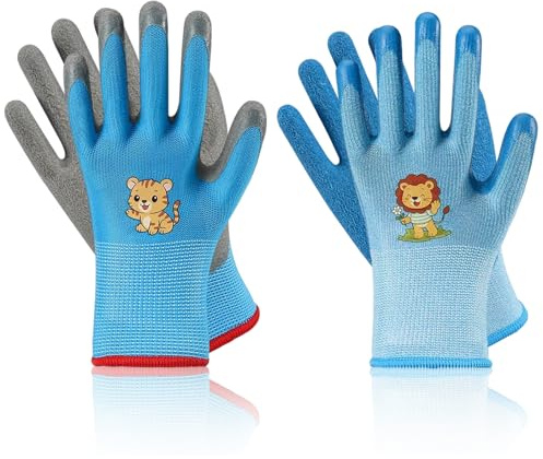 HYRKOTW 2 Paia Guanti da Giardinaggio per Bambini 3-5 Anni, Antiscivolo e Traspiranti in Lattice, Guanti da Lavoro per Attività Outdoor, Blu