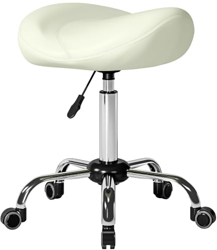 HOMCOM Rollhocker Höhenverstellbar 55-71 cm Sattelhocker Cremeweiß | Drehhocker, Arbeitshocker, 360° Drehbar, Bürohocker, Dick Polster, für Büro Salon Massage Spa