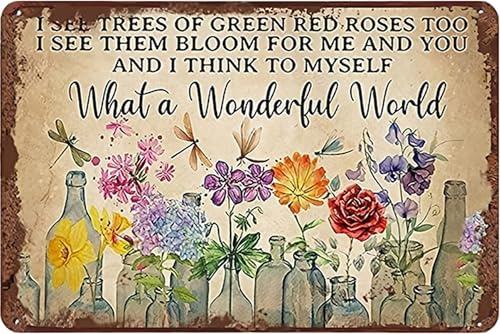 Retro Flower Metal Sign,Vintage Garden Tin Sign,for Home Greenhouse Yard Outdoor Cottage Bedroom Decor,Gardening Gifts 8X12 Inch (What a Wonderful World)