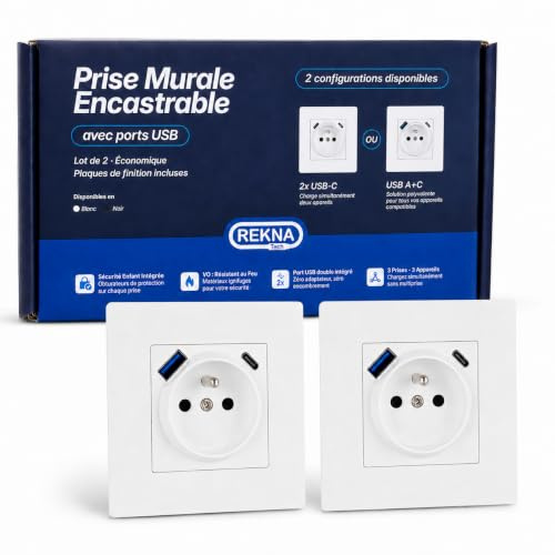 REKNA Prise Murale Encastrable USB-A USB-C 20W Blanc