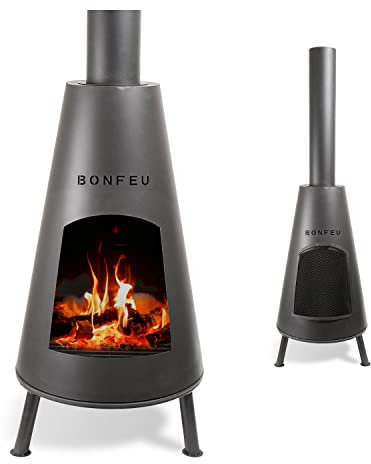 BonFeu BonPyra Schwarz - Terrassenofen - Feuerstelle mit Funkenschutz für entspannte Abende - Feuersäule Outdoor - Terrassenkamin mit Grillrost - Gartenofen hochwertigem Cortenstahl