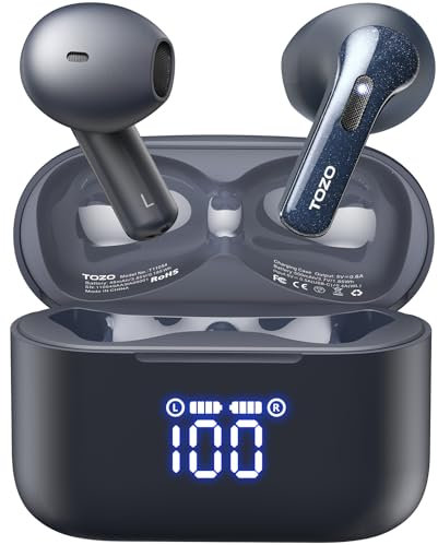 TOZO T21 Wireless Earbuds, Bluetooth 5.3 Earphones, Semi In Ear Buds, Dual Mic Call Noise Cancelling Earphones, Bluetooth Earbuds with Wireless Charging Case, IPX8 Waterproof (Blue)
