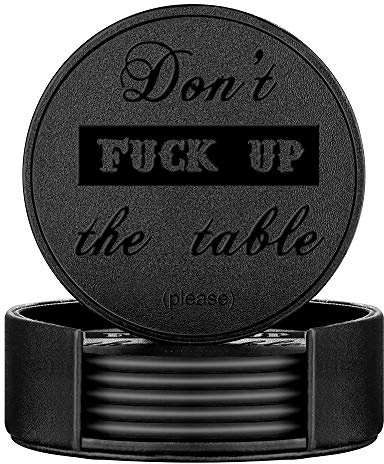 Funny Coasters, Thipoten 6 Pcs Leather Coasters with Holder, Perfect Housewarming Hostess Gifts, Protect Furniture from Water Marks Scratch and Damage(6Pcs, Black)