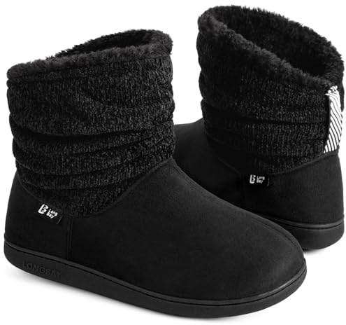 LongBay Damen Hausschuhe Warme Chenille Strick Hausstiefel Weiches Suedette Fluffy Kunstfell Memory Foam