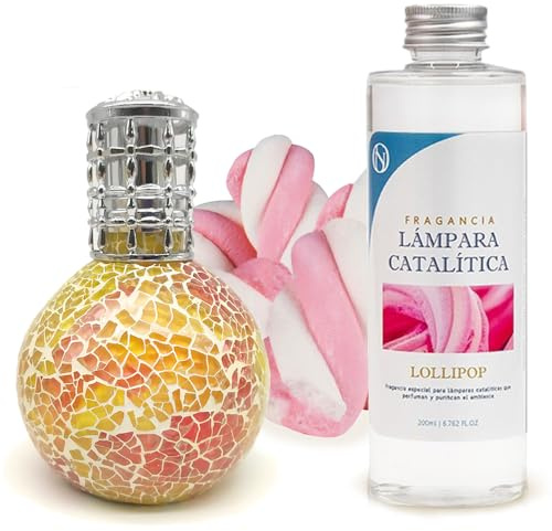 Pack Ahorro Lámpara Catalítica Mosaico Bicolor + Fragancia Aroma Lollipop 200ml. Elimina malos olores e impurezas, perfuma y limpia.