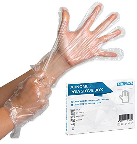 ARNOMED Guanti monouso in PE da marito, 100 pezzi guanti usa e getta per box, guanti plastica domestici per alimenti, guanti trasparenti monouso protettivi per tinte capelli, guanti sottili