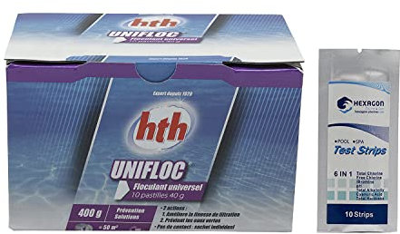 HTH UNIFLOC Pastilles 40g - 0,4kg | Floculant Universel + 10 Tests HPS OFFERTS 6 en 1