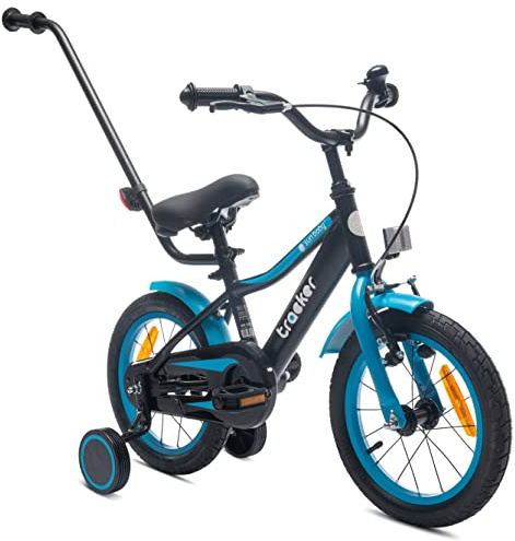 sun baby Jungenfahrrad 14 Zoll Jungen Kinderfahrrad Tracker Bike Leicht Stützräder mit Schubstange ab 2-6 Jahre BMX Fahrrad Kinder (Blau, 14 Zoll)