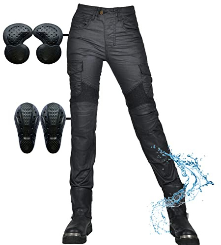 SHUOJIA Jeans de Moto pour Femme Coupe-Vent Imperméable, Pantalon Enduit avec 2 Paires de Coussinets Amovibles pour Hanches et Genoux, Plusieurs Poches (Black, 2XL)