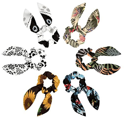 6PCS Hair Scarf Scruncheis for Women Girls, Ribbon Bow Elastic Hair Ties Bands Satin Hair Ribbon Scrunchy Ponytail Holder Accessories,Tropical Flower in Palm Leaves