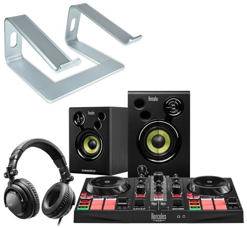 Hercules DJLearning Kit DJ Set MKII + supporto per computer portatile Keepdrum, argento