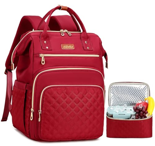 AIJIEKE Lunchryggsäck för kvinnor, 15,6 tum laptopryggsäck för kvinnor, arbetsryggsäck för kvinnor med lunchlåda för resesjuksköterska, Röd, M, Modern